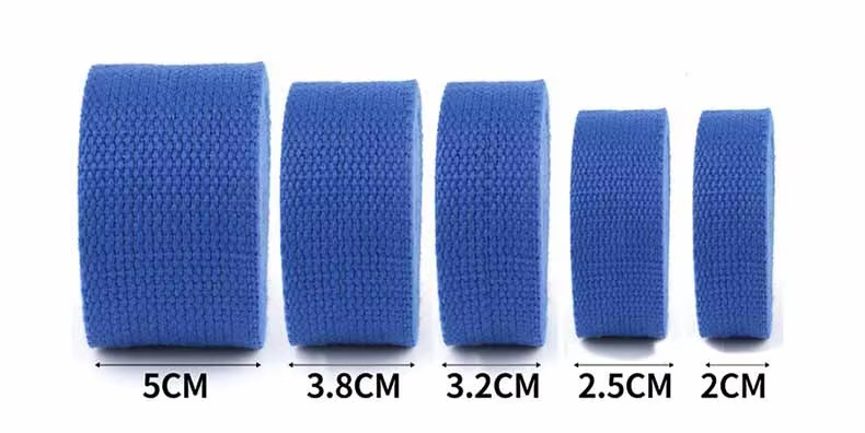 Five rolls of webbing in the same color showing 5 cm, 3.8 cm, 3.2 cm, 2.5 cm and 2 cm widths