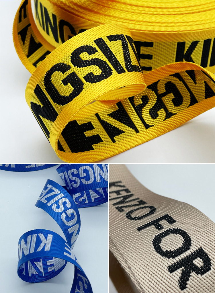 Three colorways of custom jacquard webbing: yellow with black letters, blue with white letters, and beige with black letters